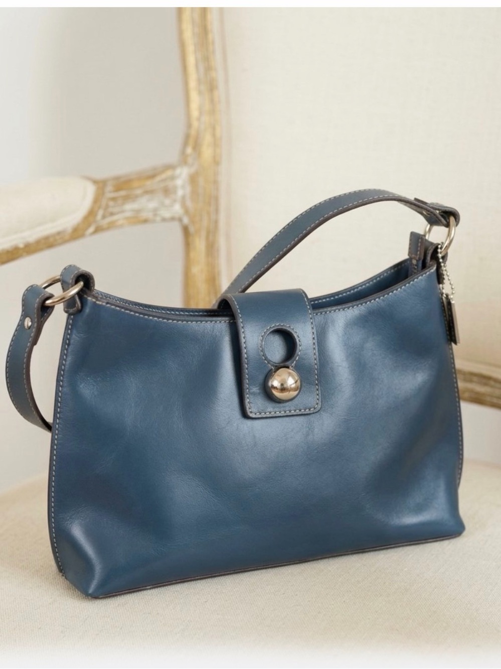 Elegant Vintage Blue Leather Emilie M Shoulder Bag with Polished Button